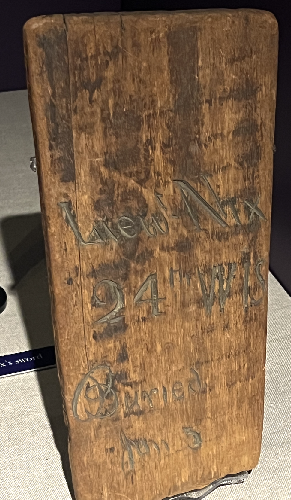 Original wooden board to honor Lieutenant Nix, 24th Wisconsin Infantry, Stones River Battlefield